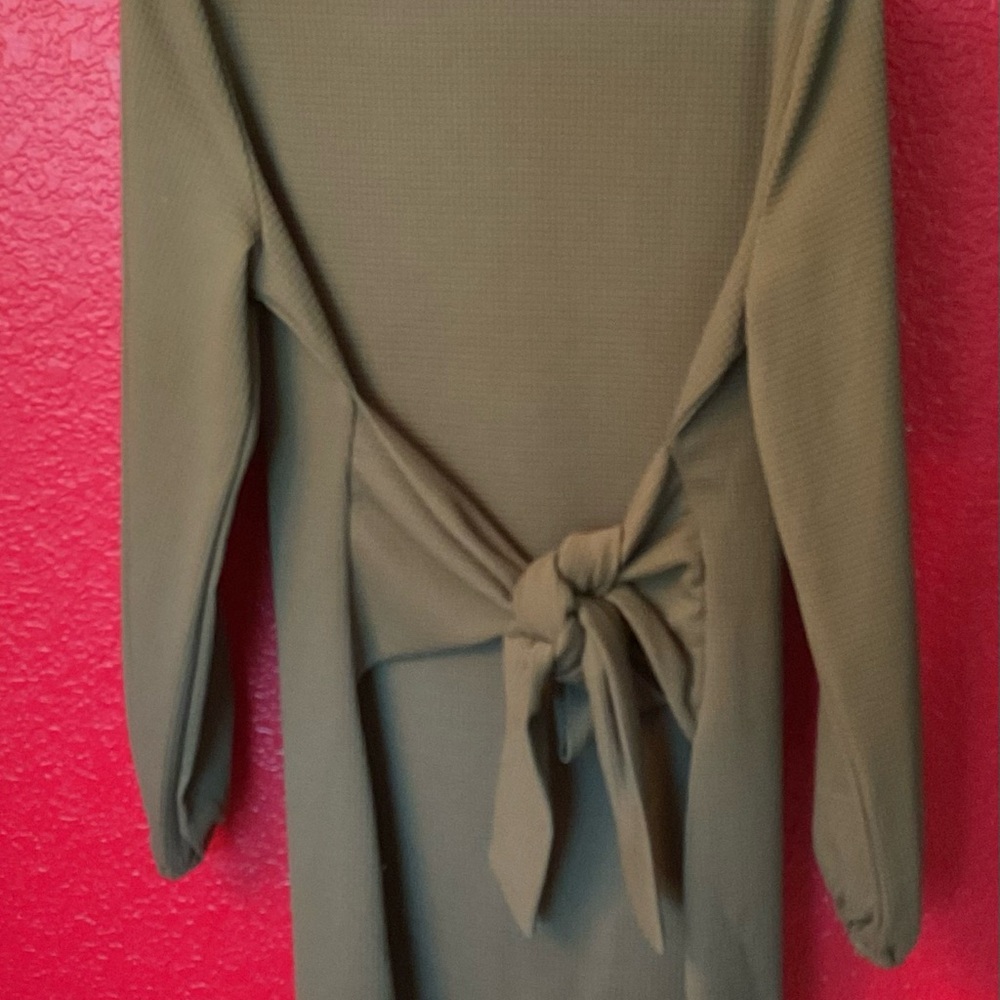 Olive Long Sleeve Waffle Dress with Tie Waist front or back, Size XL